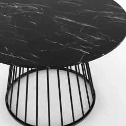 Table ronde à manger 110cm 6 personnes plateau effet marbre noir et pied filaire métal noir