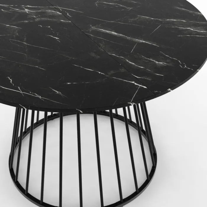 Table ronde à manger 110cm 6 personnes plateau effet marbre noir et pied filaire métal noir
