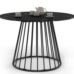 Table ronde à manger 110cm 6 personnes plateau effet marbre noir et pied filaire métal noir