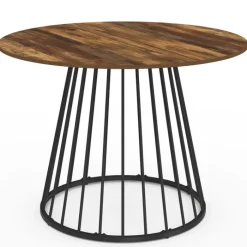Table ronde à manger 110cm 6 personnes plateau bois foncé et pied filaire métal noir