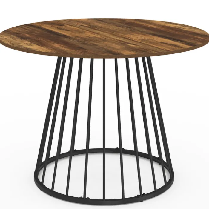 Table ronde à manger 110cm 6 personnes plateau bois foncé et pied filaire métal noir