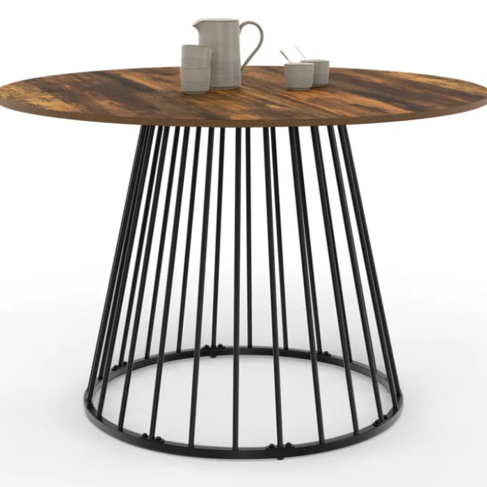 Table ronde à manger 110cm 6 personnes plateau bois foncé et pied filaire métal noir
