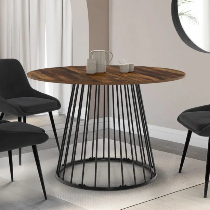 Table ronde à manger 110cm 6 personnes plateau bois foncé et pied filaire métal noir