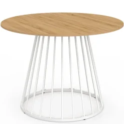 Table ronde à manger 110cm 6 personnes plateau bois et pied filaire métal blanc