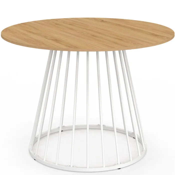 Table ronde à manger 110cm 6 personnes plateau bois et pied filaire métal blanc