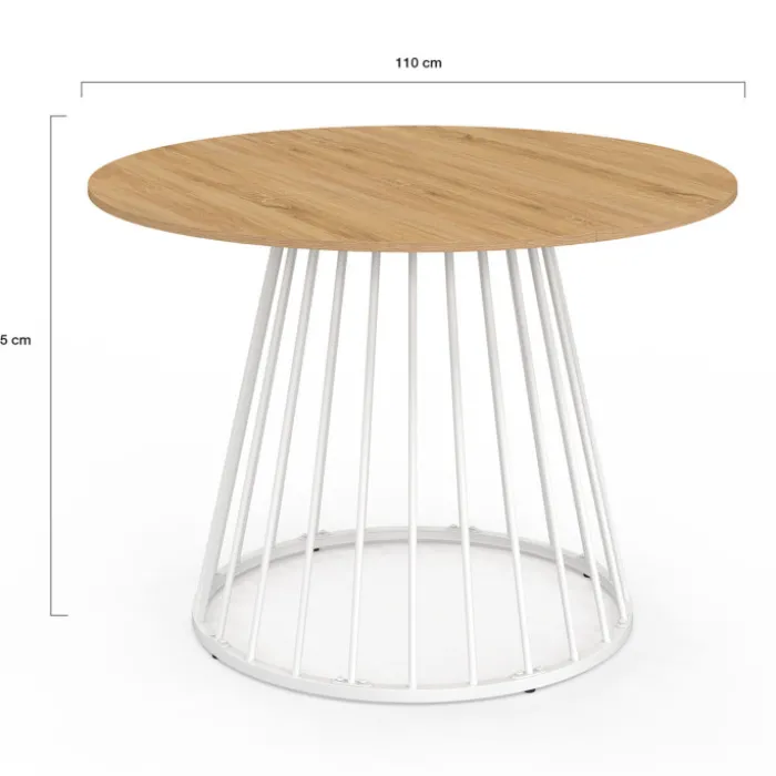 Table ronde à manger 110cm 6 personnes plateau bois et pied filaire métal blanc