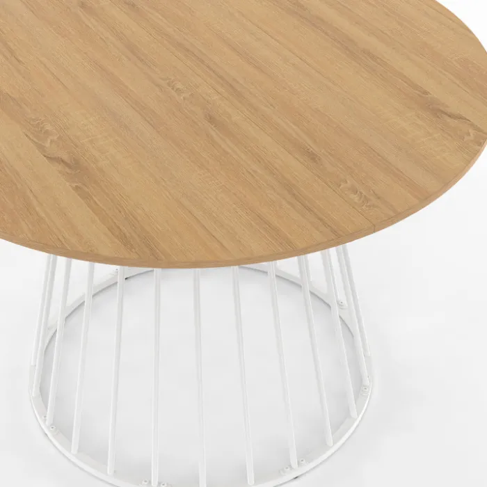 Table ronde à manger 110cm 6 personnes plateau bois et pied filaire métal blanc