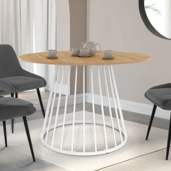 Table ronde à manger 110cm 6 personnes plateau bois et pied filaire métal blanc