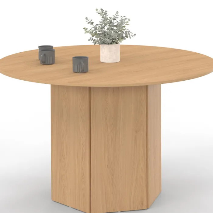 Table ronde 6 personnes bois effet hêtre 110 cm pied hexagonal