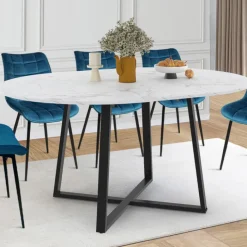 Table ronde extensible 110-150 cm 4-8 personnes effet marbre blanc et pieds noirs