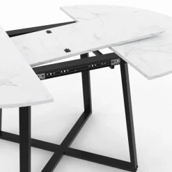 Table ronde extensible 110-150 cm 4-8 personnes effet marbre blanc et pieds noirs