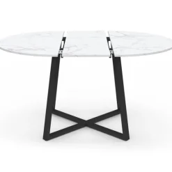 Table ronde extensible 110-150 cm 4-8 personnes effet marbre blanc et pieds noirs