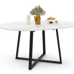 Table ronde extensible 110-150 cm 4-8 personnes effet marbre blanc et pieds noirs
