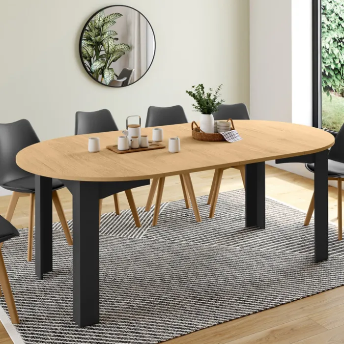 Table ronde extensible 4-10 personnes 110-200 cm avec plateau façon hêtre et pieds noirs