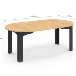 Table ronde extensible 4-10 personnes 110-200 cm avec plateau façon hêtre et pieds noirs