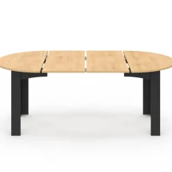 Table ronde extensible 4-10 personnes 110-200 cm avec plateau façon hêtre et pieds noirs