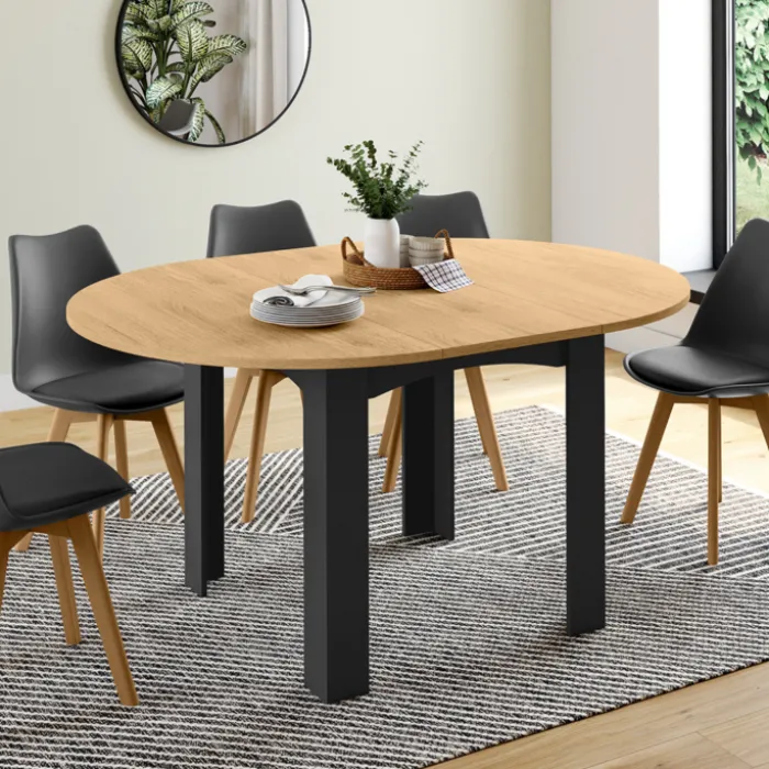 Table ronde extensible 4-8 personnes noir et bois