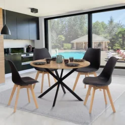 Table ronde noir et bois 4-6 personnes 110cm pied araignée