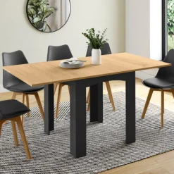 Table salle à manger extensible noire plateau façon hêtre