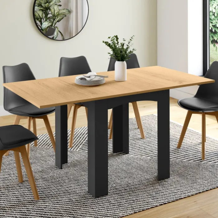 Table salle à manger extensible noire plateau façon hêtre