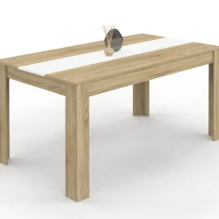 Table salle à manger moderne 160 cm imitation hêtre et blanc