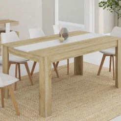 Table salle à manger moderne 160 cm imitation hêtre et blanc