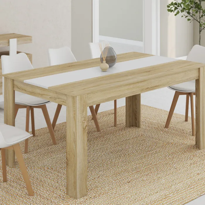 Table salle à manger moderne 160 cm imitation hêtre et blanc