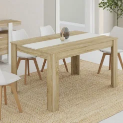 Table salle à manger moderne imitation hêtre et blanc