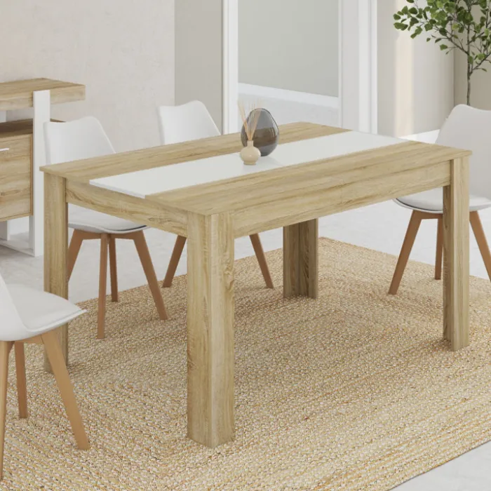 Table salle à manger moderne imitation hêtre et blanc