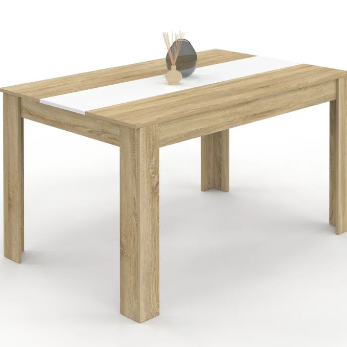 Table salle à manger moderne imitation hêtre et blanc