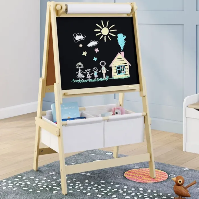 Tableau enfant 3 en 1 chevalet double face avec rouleau de papier et 2 paniers de rangement