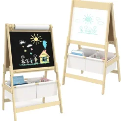 Tableau enfant 3 en 1 chevalet double face avec rouleau de papier et 2 paniers de rangement