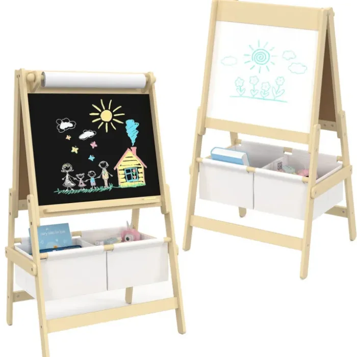 Tableau enfant 3 en 1 chevalet double face avec rouleau de papier et 2 paniers de rangement