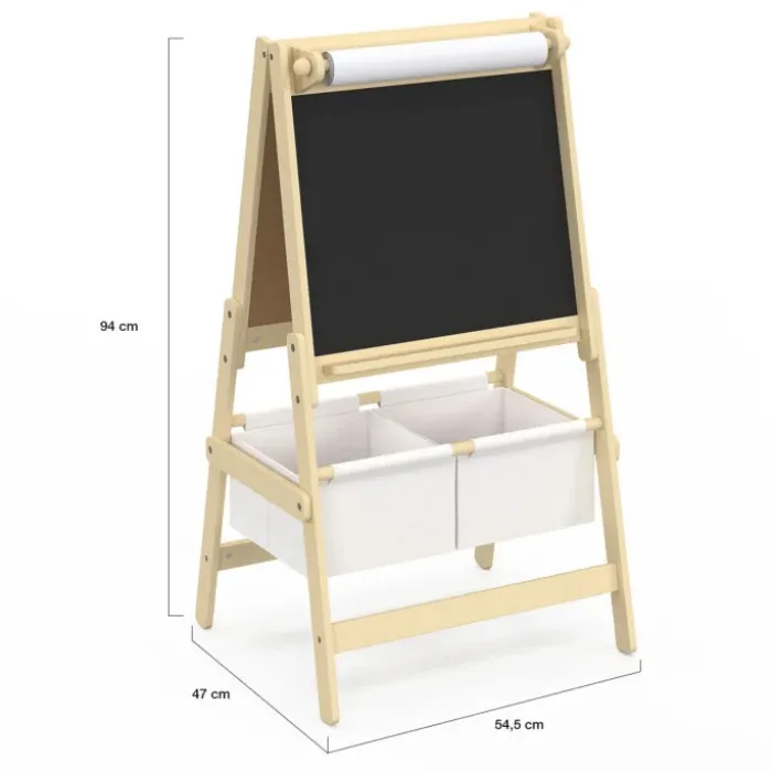 Tableau enfant 3 en 1 chevalet double face avec rouleau de papier et 2 paniers de rangement