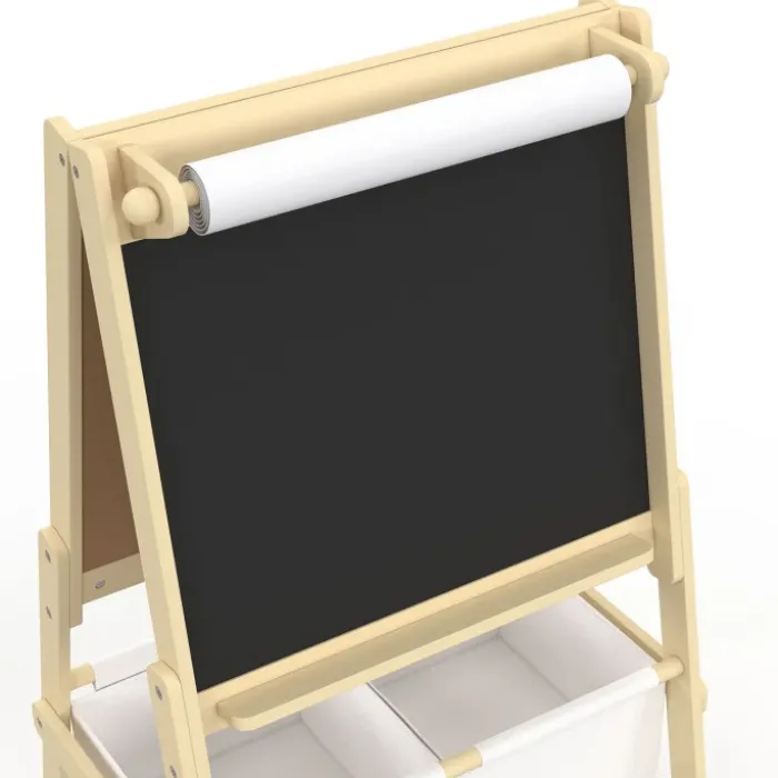 Tableau enfant 3 en 1 chevalet double face avec rouleau de papier et 2 paniers de rangement