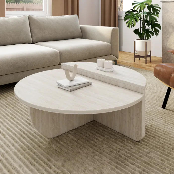 Tables basses rondes asymétriques effet travertin