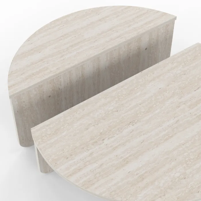 Tables basses rondes asymétriques effet travertin