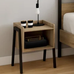 Tables de chevet 1 niche bois et pieds métal noir - lot de 2