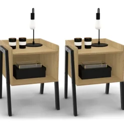 Tables de chevet 1 niche bois et pieds métal noir - lot de 2