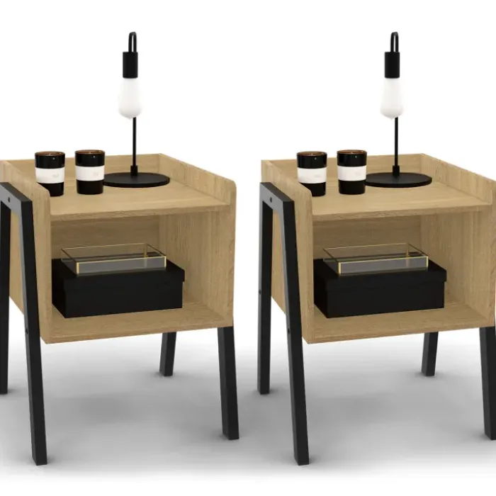 Tables de chevet 1 niche bois et pieds métal noir - lot de 2