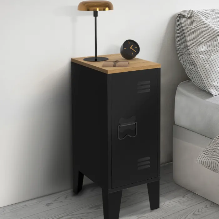 Tables de chevet industrielles plateau bois façon hêtre avec porte métal noir