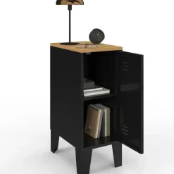 Tables de chevet industrielles plateau bois façon hêtre avec porte métal noir