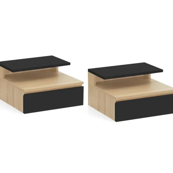 Tables de chevet murales bois façon hêtre et noires avec tiroir et tablette