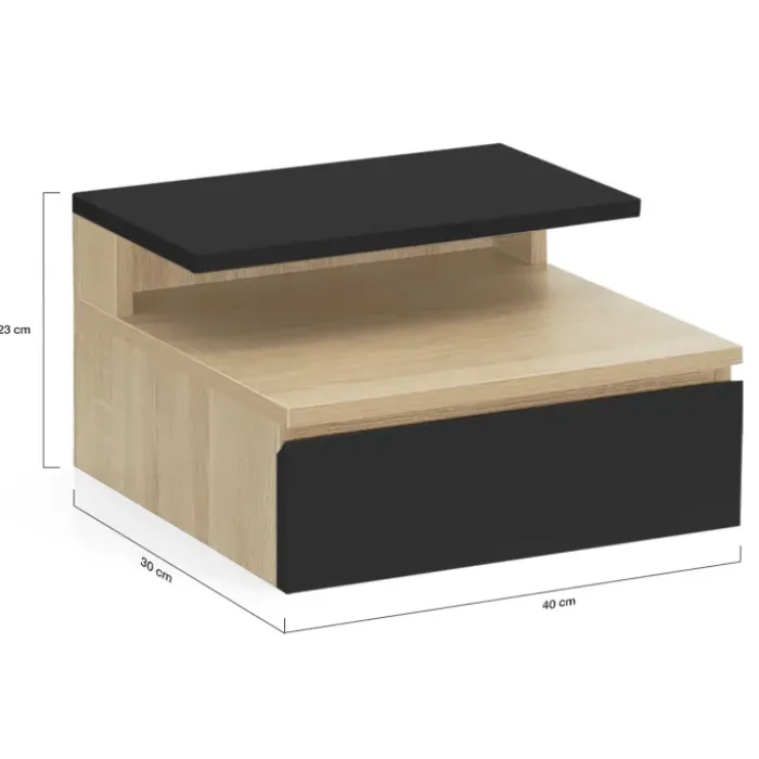 Tables de chevet murales bois façon hêtre et noires avec tiroir et tablette