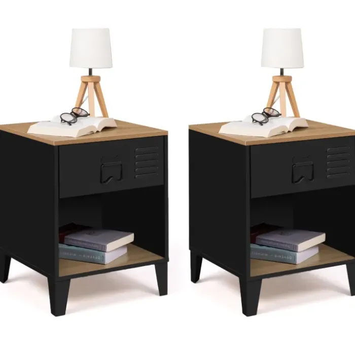 Tables de chevet noires bois façon hêtre et métal style industriel