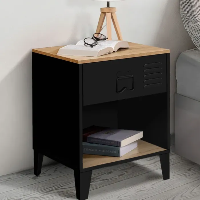 Tables de chevet noires bois façon hêtre et métal style industriel