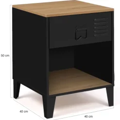 Tables de chevet noires bois façon hêtre et métal style industriel