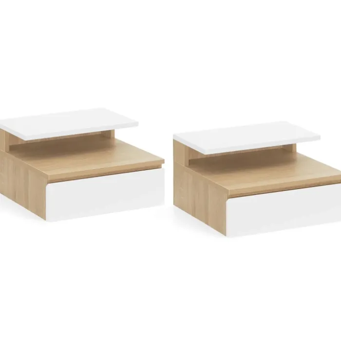 Tables de chevet suspendues bois façon hêtre et blanches