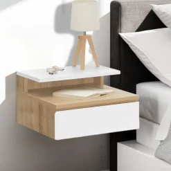 Tables de chevet suspendues bois façon hêtre et blanches