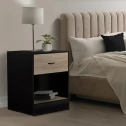 Tables de nuit en bois noir et façon hêtre avec tiroir